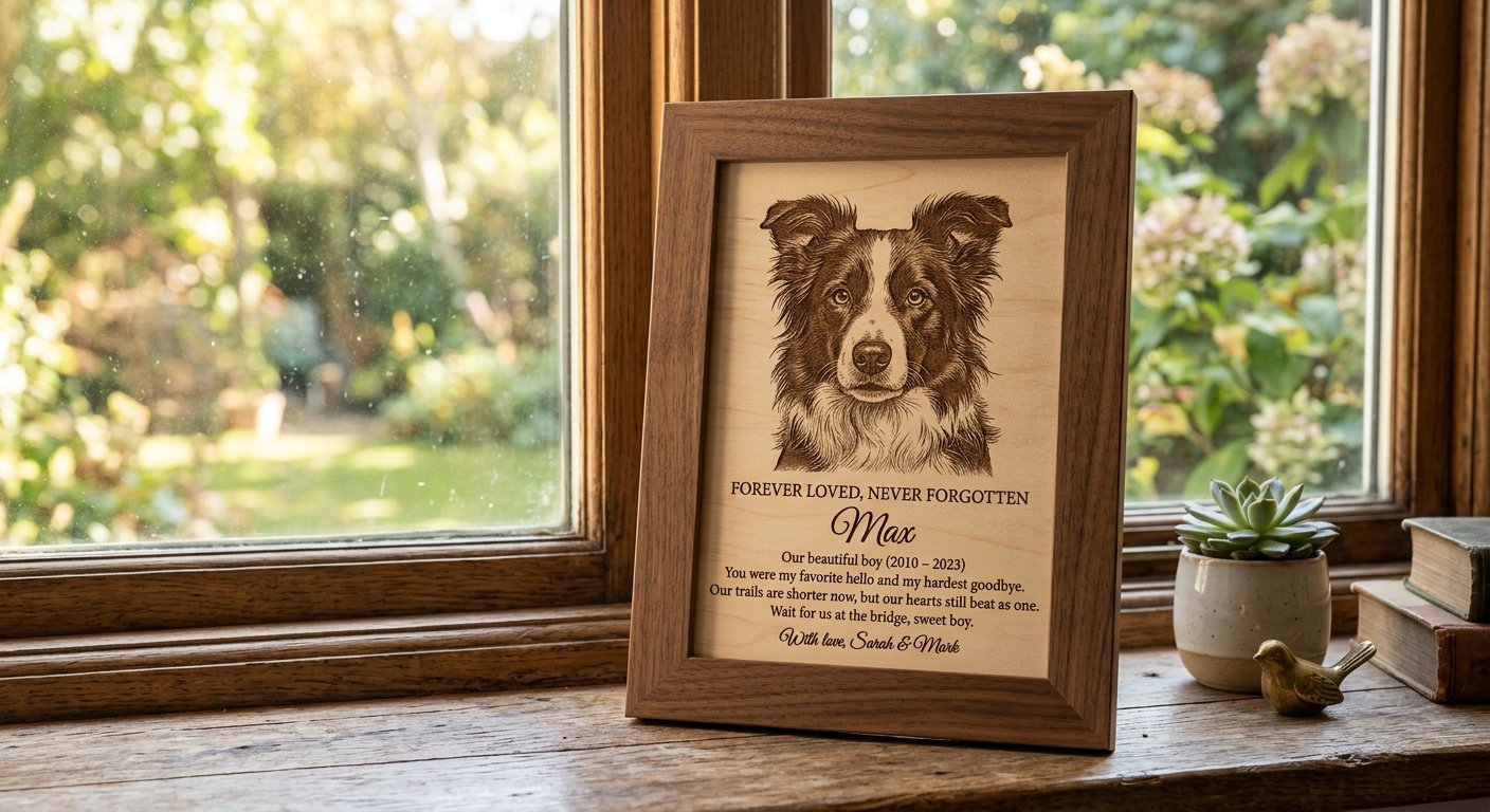 Framed MDF picture with engraved pet portrait and poem