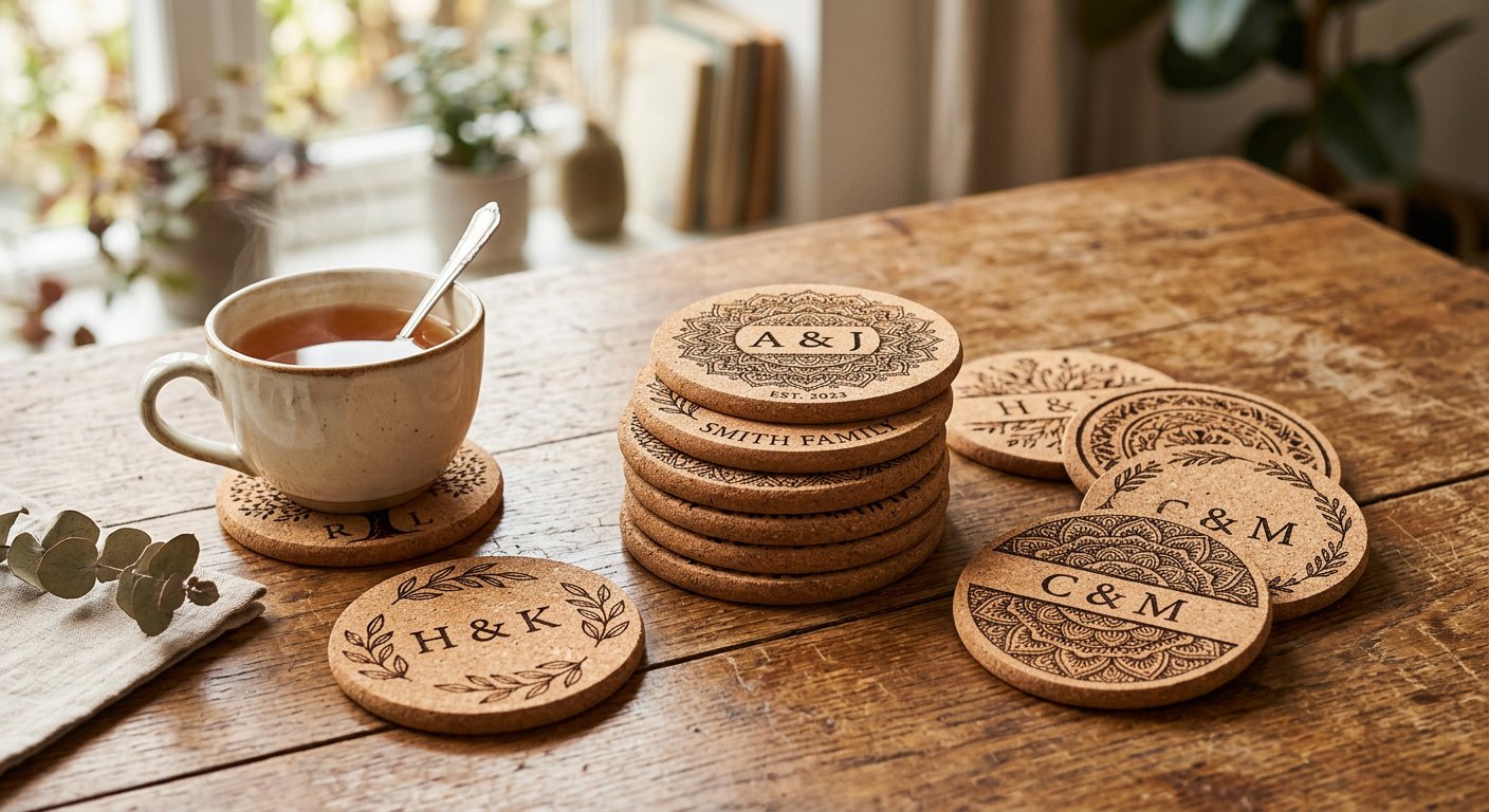 Engraved Cork Coasters - engraving example