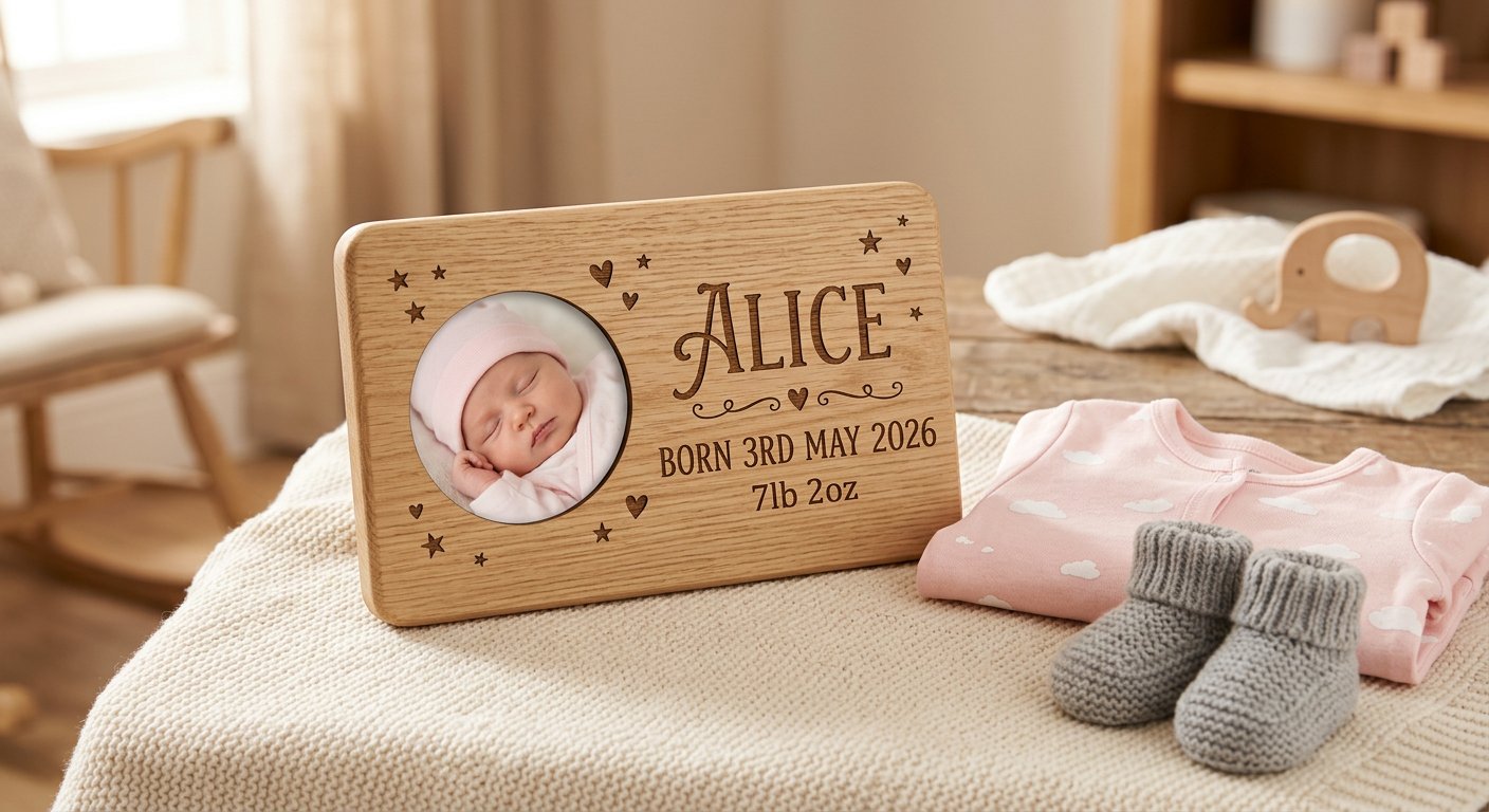 New Baby Gifts, Engraved with Their Details - laser engraved example by Craigality