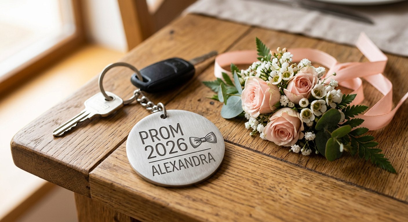 Engraved Prom Keyring - engraving example