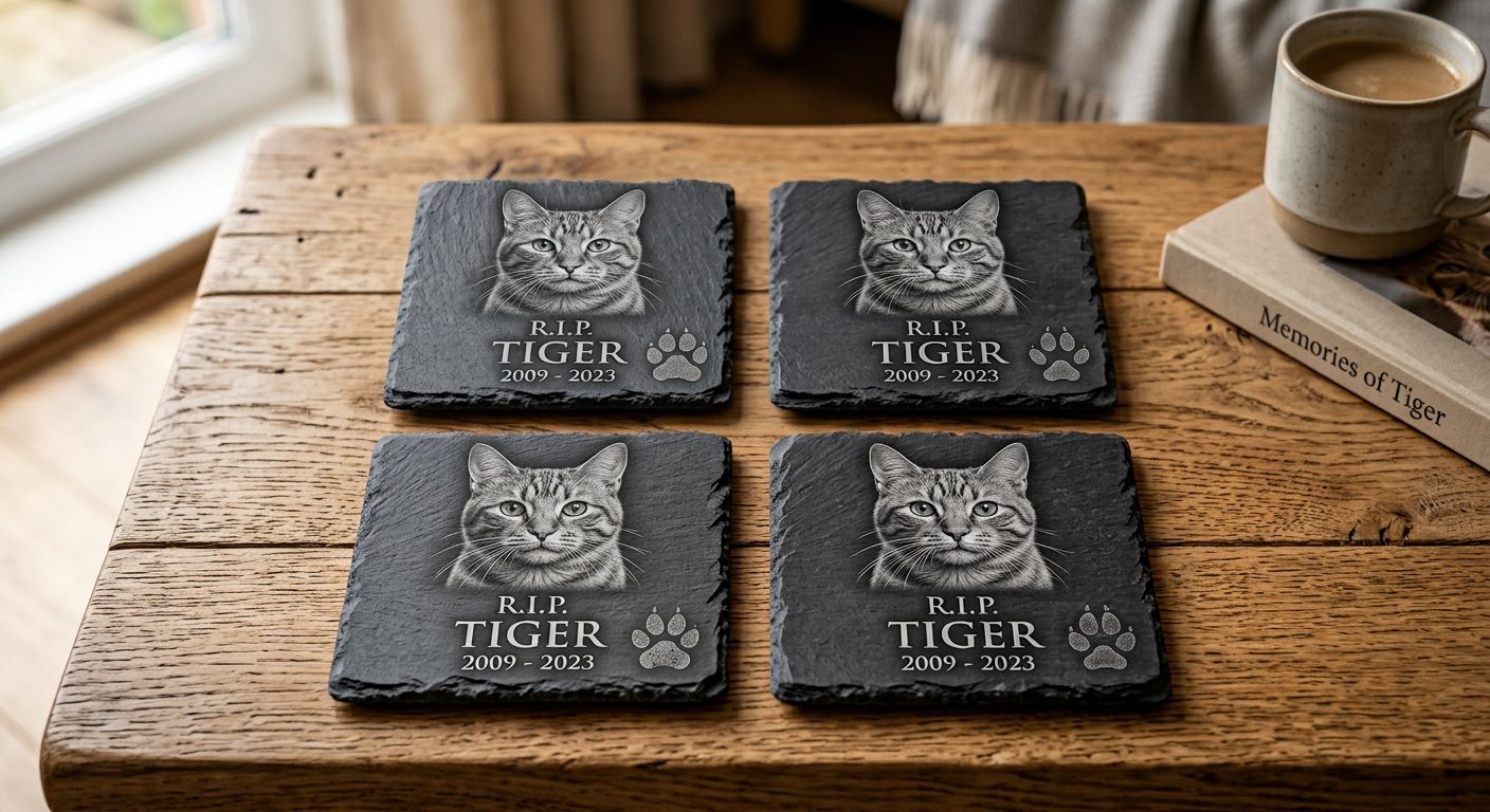 RIP Coaster Set — cat portrait — RIP engraved memorial example by Craigality