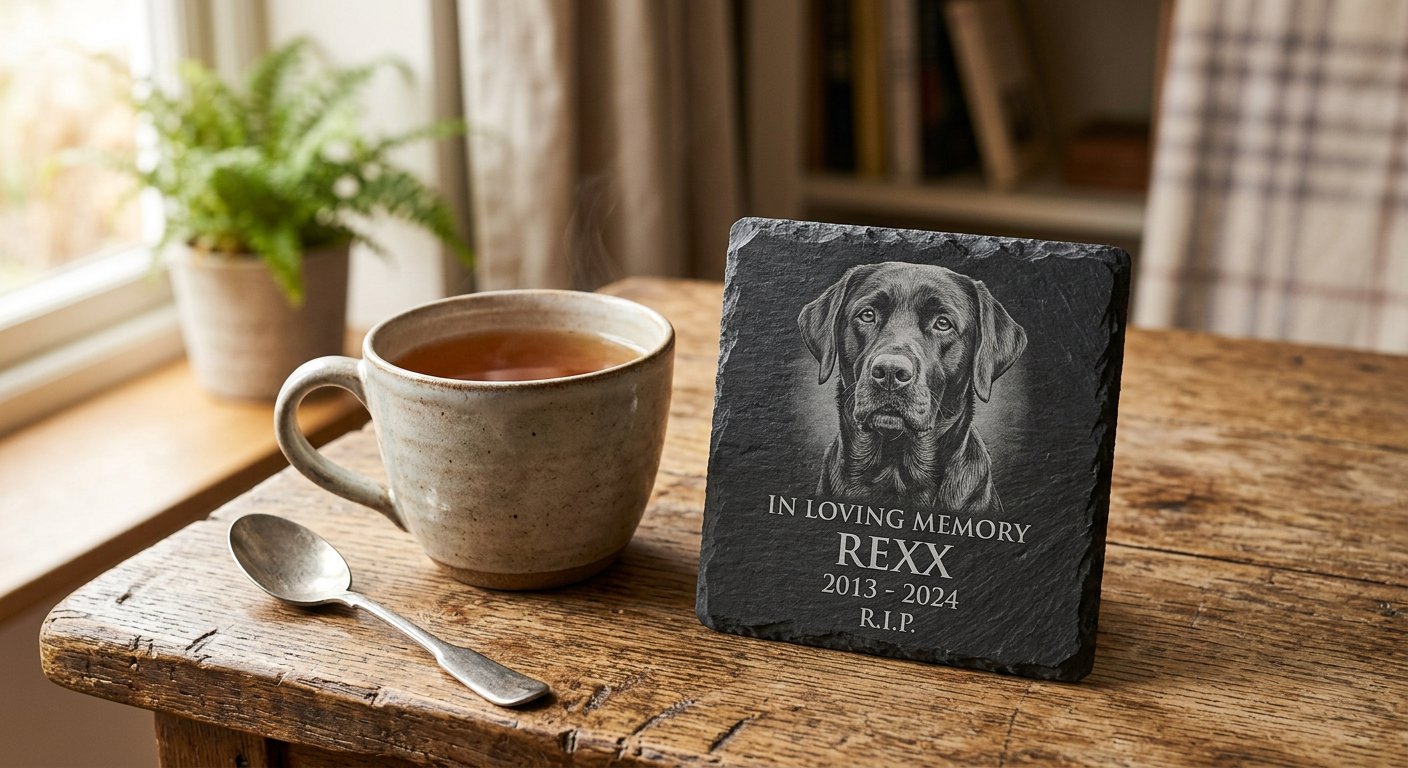 RIP Coaster — dog portrait — RIP engraved memorial example by Craigality