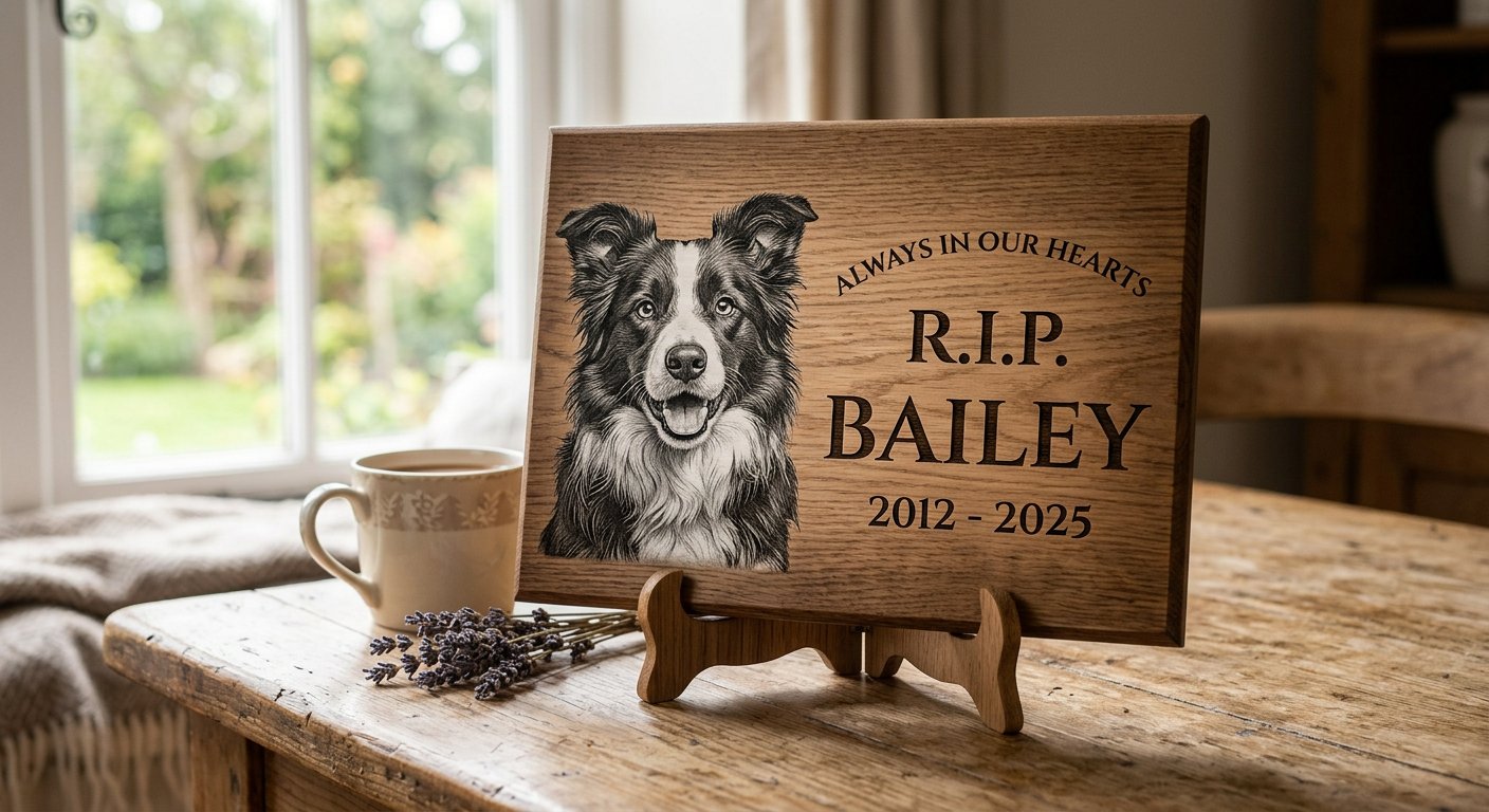 Hardwood Memorial Plaque — dog, RIP — RIP engraved memorial example by Craigality