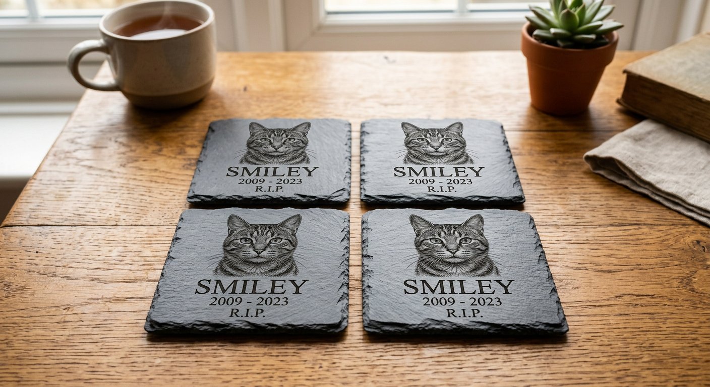 Set of engraved slate coasters with cat portrait and dates