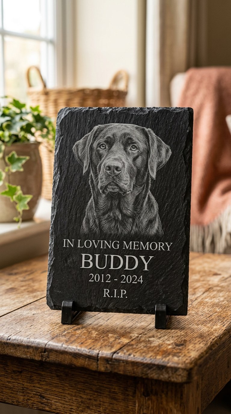 Laser engraved natural slate pet memorial plaque with photograph and RIP inscription